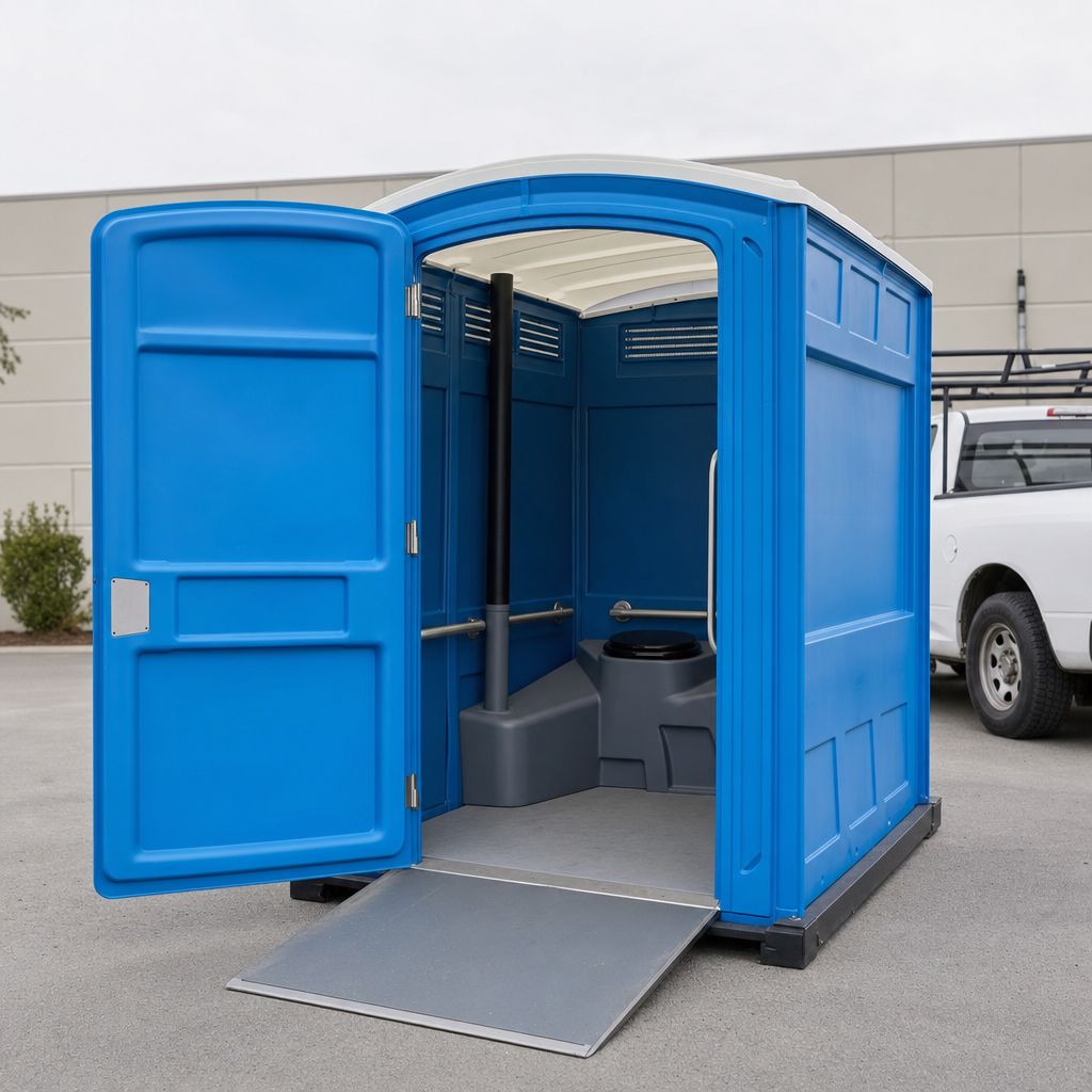 ADA compliant royal blue portable toilet with wheelchair access ramp on a level paved staging area