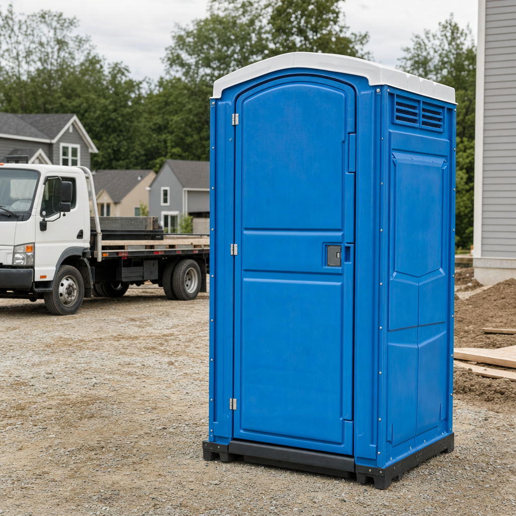 Delivery driver positioning a clean royal-blue portable toilet on level ground at a Glen Burnie worksite
