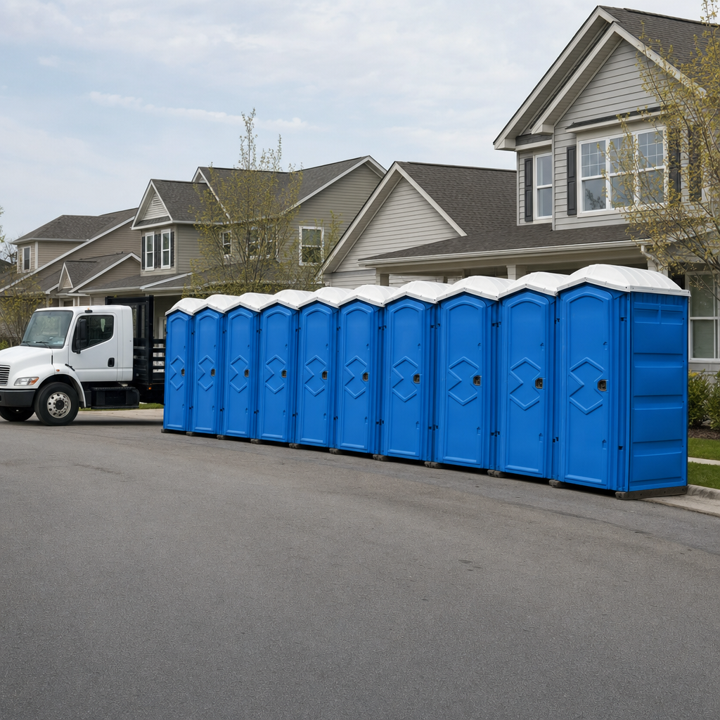 Royal blue portable toilets staged in a tidy row at a Glen Burnie jobsite, ready for delivery
